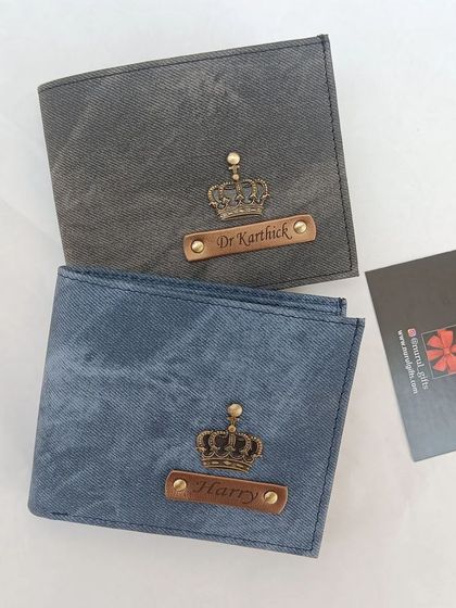 Both colors of my denim wallets, blue and grey, shown together to display the options.