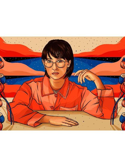 An illustration of saxophonist Jasmine Myra for Bandcamp Weekly, set against a serene, abstract landscape of poppies and clouds.