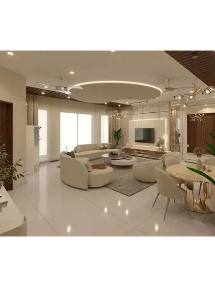 A comprehensive overview of the open-plan space, demonstrating how I create distinct zones for living and dining while maintaining a unified and spacious feel.