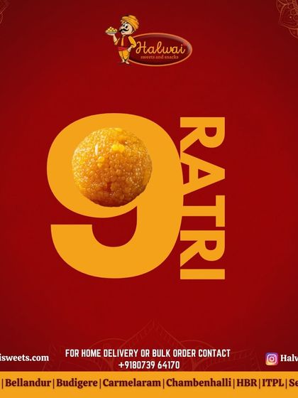 A creative graphic celebrating the nine nights of Navratri with our Motichoor Ladoo. May this festival bring sweetness, joy, and prosperity to your life.