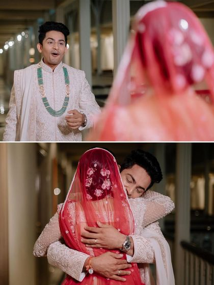 The groom's priceless reaction during the first look, followed by a heartfelt hug. Capturing the surprise and emotion of this private moment is one of the most special parts of my job.
