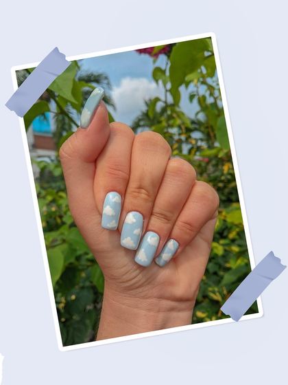 Here is a closer look at my popular cloud nail art. This design is perfect for the monsoon season, featuring fluffy white clouds on a sky-blue background for a dreamy and cheerful vibe.