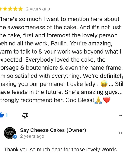 The wonderful feedback from this couple made my day. Hearing that they and their guests loved the cake and that I am now their "permanent cake lady" is the highest praise I can receive.