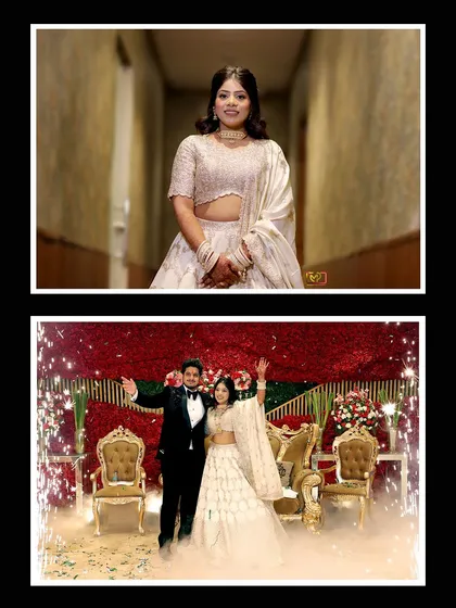 This collage captures the bride's solo portrait and the couple's grand stage moment with pyrotechnics. It shows the different aspects of an engagement celebration that I cover.