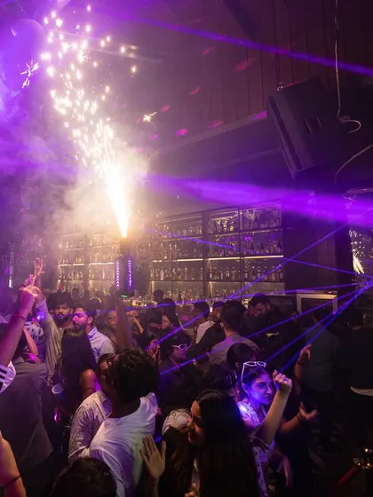 Cold pyros light up the dance floor during the Frat House Party at Raahi. I love incorporating production elements to elevate the clubbing experience.