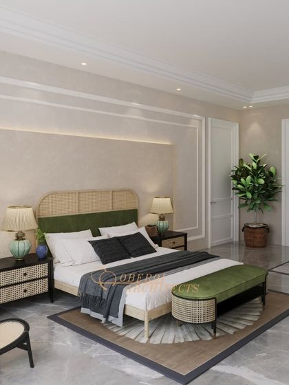 A serene bedroom retreat where earthy elegance meets modern comfort. The green accents and rattan details create a tranquil and luxurious atmosphere.