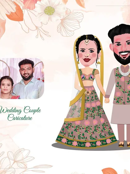 Celebrating a new beginning with a custom wedding couple caricature. I take care to match the outfits and capture the joy of the special day, creating a unique keepsake from a reference photo.