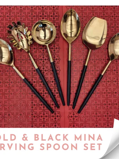 A set of six gold and black mina serving spoons. The sleek black handles and golden bowls add a touch of modern sophistication to your dining experience.