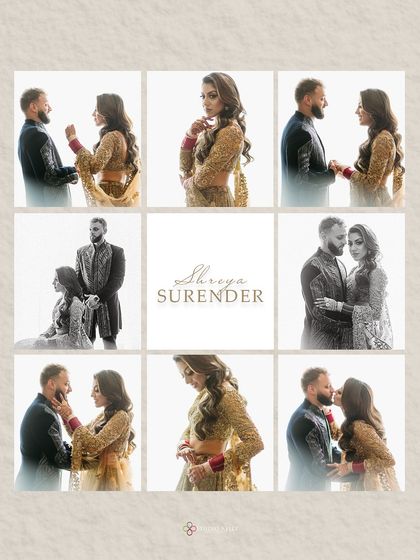 A beautifully arranged nine-grid collage of the couple's portraits, showcasing a variety of poses and moods from their elegant London reception shoot.