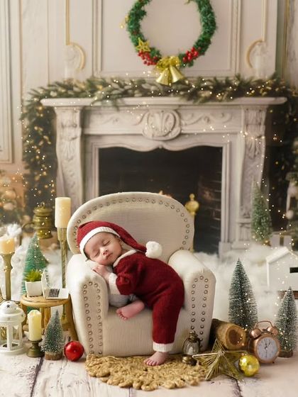 The most wonderful time of the year. This newborn is sleeping peacefully by the fireplace in our cozy Christmas setup.
