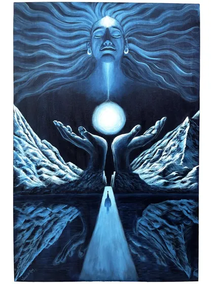 Titled 'The Awakening', this conceptual piece explores the spiritual journey of realizing the divine within oneself. I used deep blue hues and symbolic imagery to represent the path to enlightenment. It’s the kind of art that invites reflection and conversation.