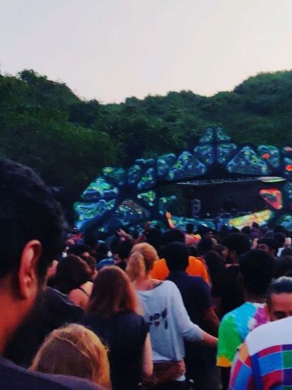 The crowd at Karacus Maracus, with its unique, organic-looking stage design. The whole vibe is about being deep in nature and deep in the music.