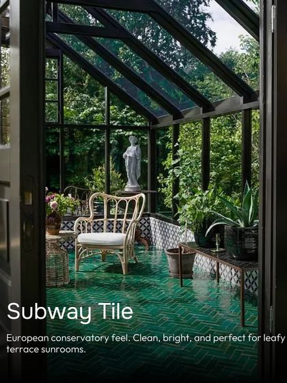 This sunroom uses emerald green subway tiles in a herringbone pattern to create a European conservatory feel. The look is clean, bright, and perfect for a leafy, sun-filled terrace.