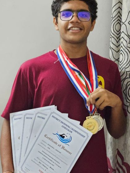 Saubhagya Kashyap with his impressive collection of 6 medals, including 2 golds, from the district championship.