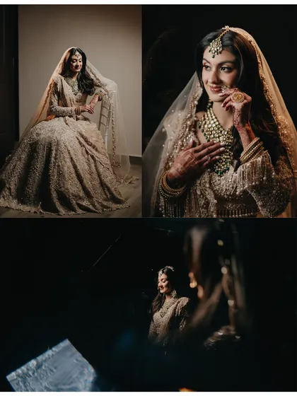 A collage of Raashi's bridal portraits, showcasing different moods and angles. The use of dramatic lighting and reflections highlights our creative approach to capturing the bride's beauty.