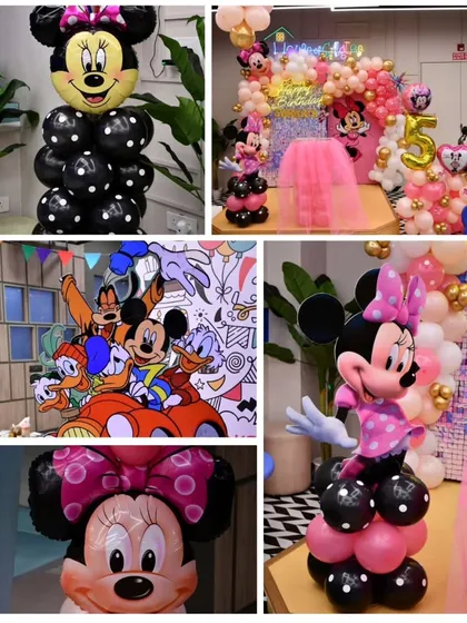 A classic choice for a reason! This Minnie Mouse-themed party decor collage shows how I use character balloons, polka-dot patterns, and a pink and black color scheme to create a fun and timeless celebration.