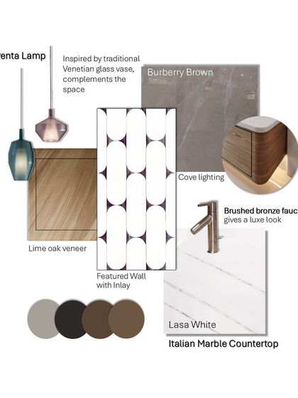 A material mood board is a crucial step in my design process. For this luxury washroom, I curated a palette of Lasa White Italian marble, lime oak veneer, and brushed bronze fixtures to create a space that is both bright and warm.
