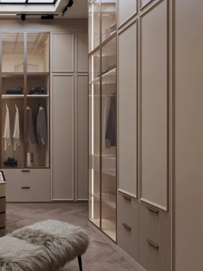 The design achieves a perfect balance of masculine structure and feminine softness, creating a neutral, timeless, and tailored space for everyday indulgence.