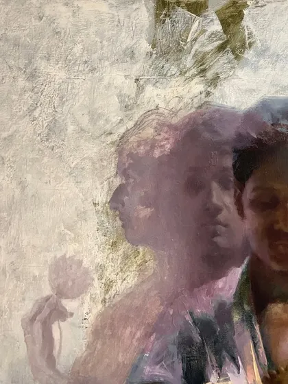 A close-up of the figures in "Love & Hunger," showing the ethereal, layered effect.