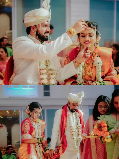 A collage showing key moments from a Maharashtrian wedding ceremony, from the groom placing the mangalsutra to the couple walking together.