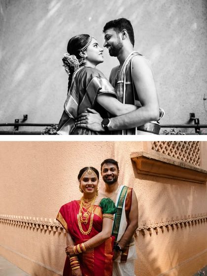 A diptych of the couple, featuring a romantic black and white portrait and a classic color photo against a textured wall.