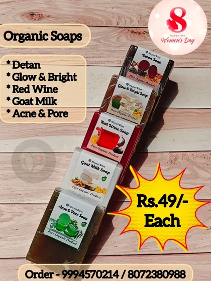 I make a variety of handmade organic soaps because every skin type is different. This collection includes soaps for de-tanning, glowing skin, and acne control, like my Detan, Red Wine, and Goat Milk soaps. Each one is just Rs. 49, so you can find the perfect match for your skin.