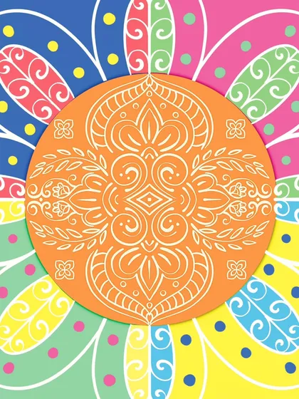 This vibrant digital mandala is an exercise in finding joy through simple shapes and bright colors. I created this piece on Procreate to show how zentangle-inspired patterns can feel both energetic and peaceful at the same time.