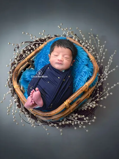 A striking portrait using deep blue tones. The baby is swaddled in a starry wrap and placed in a basket surrounded by delicate white branches.