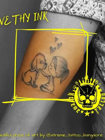 This tattoo captures the pure love between a girl and her dog. It's a sweet, illustrative piece that celebrates a special bond with a furry friend.