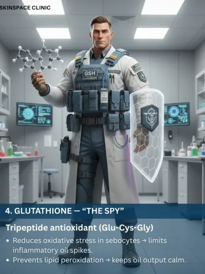 Meet Glutathione, "The Spy" in our Sebum Control Squad. This powerful tripeptide antioxidant works undercover to reduce oxidative stress in oil-producing cells, preventing inflammatory oil spikes and keeping your skin's oil output calm.