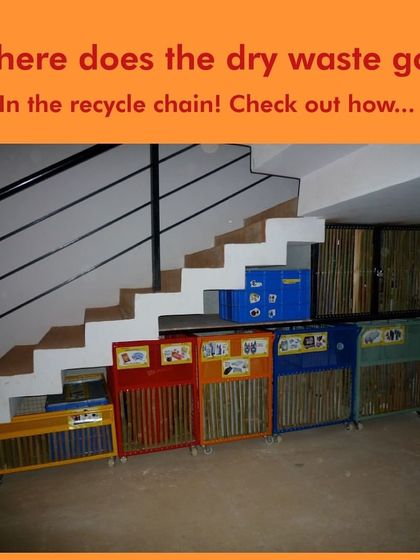 Where does dry waste go? Into the recycling chain. These colorful sorting stations make it easy for a community to separate different types of dry waste for recyclers.
