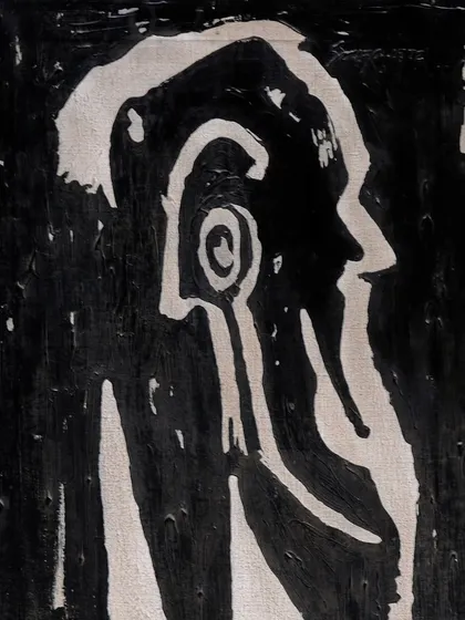 A truly unique work from my archives, this is F.N. Souza's 'Tribute to Rabindranath Tagore'. In this oil on canvas, Souza deviates from his usual style to honor the Nobel Laureate, embedding symbols of Tagore's own artistic motifs, like the capped Muslim man and Peruvian-inspired forms, into a powerful silhouette.