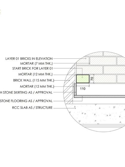 A detailed section drawing showing the starting point for the brick feature wall, illustrating how the first layer of bricks is set upon the stone skirting and RCC slab.