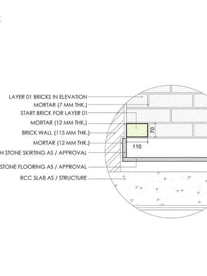 A detailed section drawing showing the starting point for the brick feature wall, illustrating how the first layer of bricks is set upon the stone skirting and RCC slab.