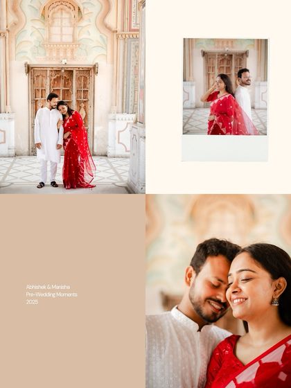 A beautiful collage showcasing different moments from a pre-wedding shoot at Patrika Gate, Jaipur, capturing both candid and posed shots.