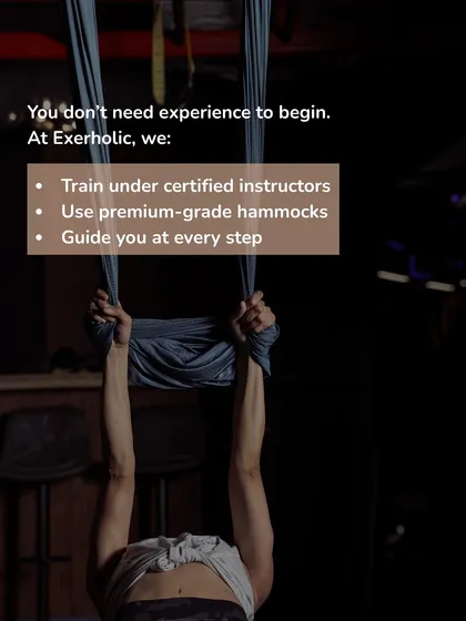 You do not need experience to begin. At my studio, you will train under certified instructors, use premium-grade hammocks, and receive guidance at every step.