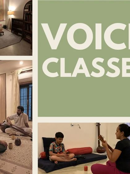 A collage showcasing our voice classes, from intimate solo sessions to group practices in our welcoming studio space.