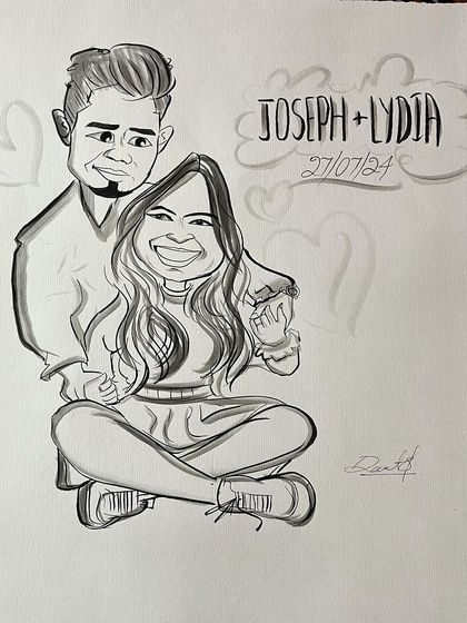 A finished version of the couple caricature for Joseph and Lydia, showing the final shading and details that bring the art to life.
