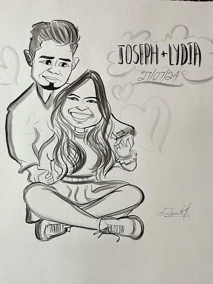 The final version of the 'Joseph + Lydia' couple caricature, a great example of a finished piece.