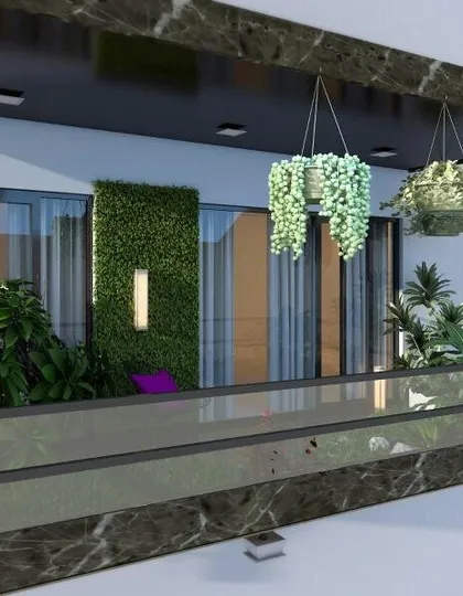 A minimalistic balcony design that proves you don't need a large space to create a green escape. This concept uses hanging plants, a sleek planter box, and a small vertical garden to maximize greenery.