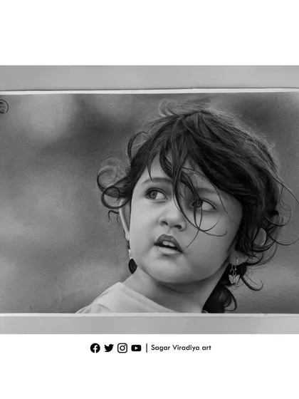 This large A1 size sketch was a commission from a client in Bangalore. It was a challenging yet satisfying piece, especially the intricate, flowing hair. I used graphite and charcoal on Fabriano Academia paper to capture the child's curious expression.