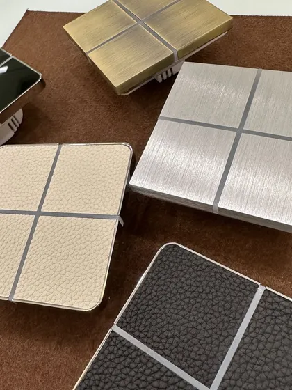 A closer look at the variety of premium finishes available for our Luxury Touch switch series. We offer options like brushed metal and textured leather to ensure our technology complements the most sophisticated interior designs.