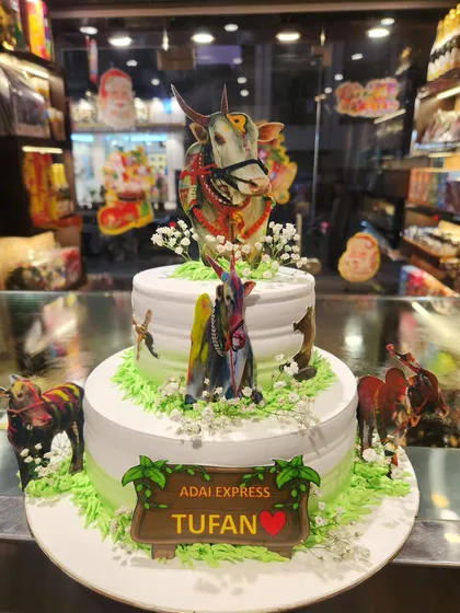 Celebrating a champion with this unique bull race cake. This two-tier design is decorated with images of racing bulls and a custom sign, honoring a special victory in a culturally significant sport.