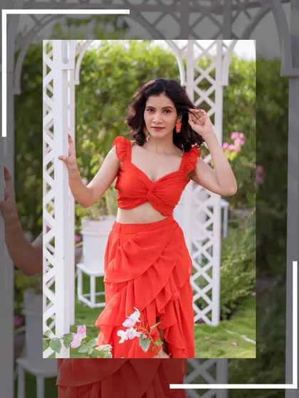 Another beautiful shot of the red co-ord set, perfect for pre-wedding photography inspiration.