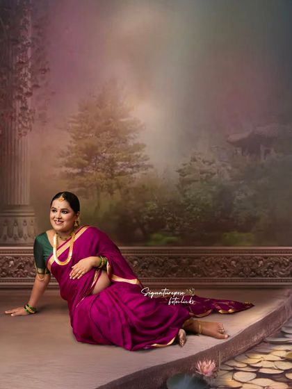 A graceful reclining pose against a painted backdrop, creating a relaxed yet artistic traditional portrait.