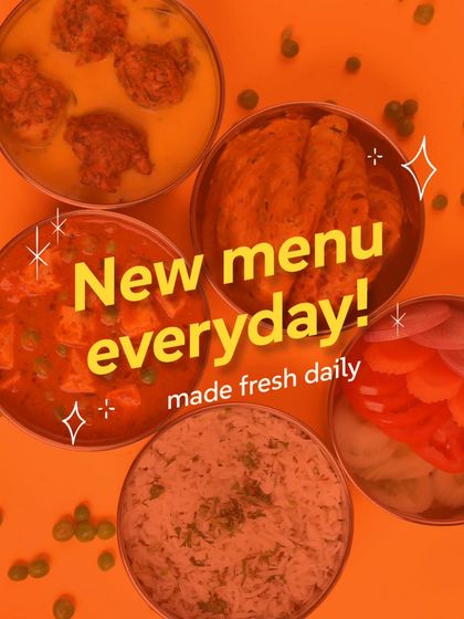 New menu everyday! Made fresh daily. A vibrant graphic to remind you that with True Tiffins, your lunch will never be repetitive.