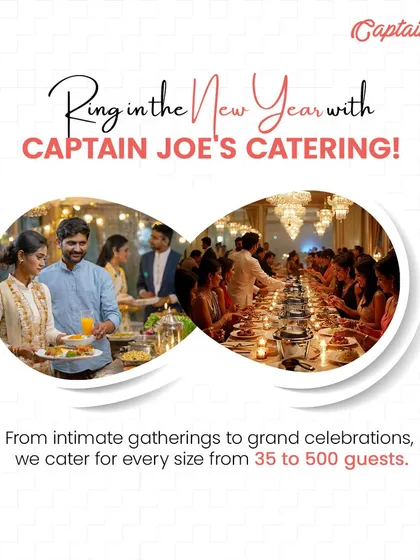 We cater for every size of event, from intimate gatherings of 35 to grand celebrations of 500 guests. This graphic shows guests enjoying both a large banquet and a smaller buffet line.