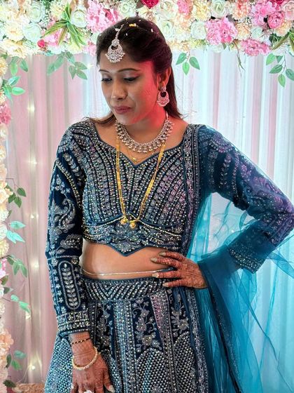 A closer look at the intricate silver embroidery on this stunning blue velvet lehenga. It’s these details that make my rental outfits feel so special.