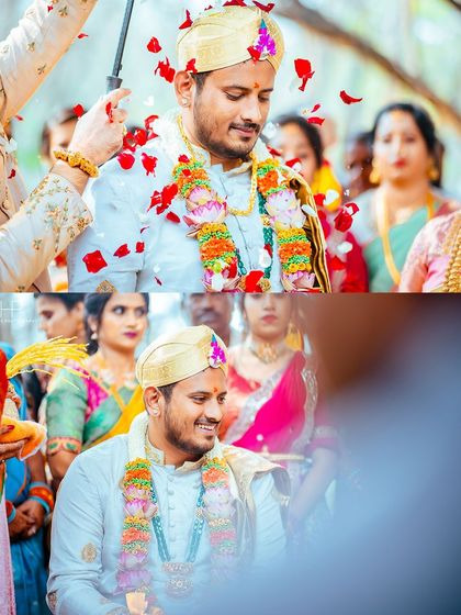 The groom's grand entrance, showered with petals by his loved ones.