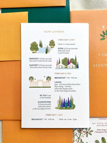 A beautifully illustrated itinerary for the Champaner Heritage Resort wedding. I created small, custom illustrations for each event location to create a helpful and visually engaging schedule for guests.